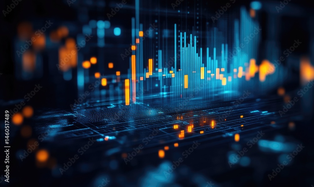 Poster abstract visualization of digital data patterns with vibrant blue and red lines representing fluctua