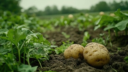 Freshly harvested potatoes in a field
