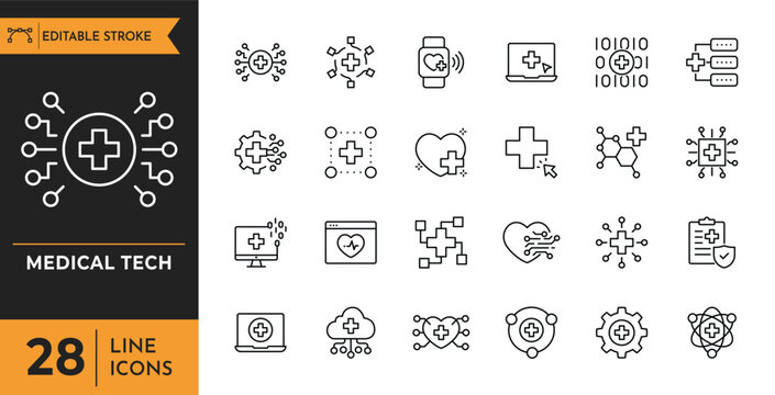 Medical tech line icon set. Contains icons related to medical technology, Digital, innovation, tech, healthcare etc. Editable stroke. Vector illustration