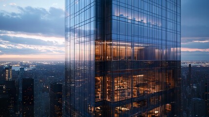 Fototapeta premium Contemporary office structure with an all-glass facade, sharp architectural details emphasizing sophistication and urban aesthetics. 