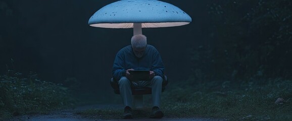 Person sits under a large mushroom-shaped lamp using a tablet on a seat outdoors in dark forest