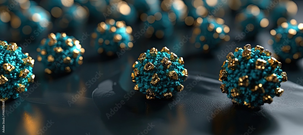 Poster abstract representation of microscopic cells and viruses interacting in a dark environment. showcasi