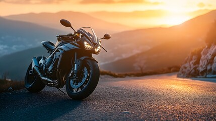 Naklejka premium Black motorcycle at sunset mountain road