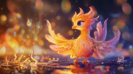A digital fantasy creature in a vibrant fire setting.