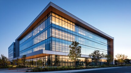 Contemporary office tower bathed in soft evening light, clean glass surfaces reflecting the clear sky, leaving room for copy space. 