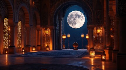 A mystical interior scene featuring an ornate chamber illuminated by candlelight. with a large moon visible through an archway. creating a serene and enchanting atmosphere