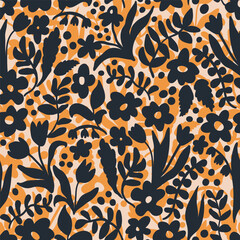 Artistic groovy floral background. Decorative botanical seamless pattern with silhouette shapes of leaves and flowers. Artisanal allover print, vector wallpaper, for fabric, textile, paper, package