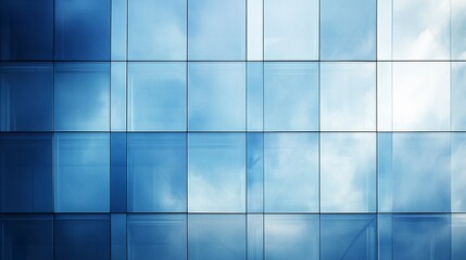 Contemporary office tower with clean geometric design, glass walls reflecting the blue sky, crisp and professional business aesthetic.  