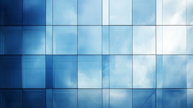 Contemporary office tower with clean geometric design, glass walls reflecting the blue sky, crisp and professional business aesthetic.  
