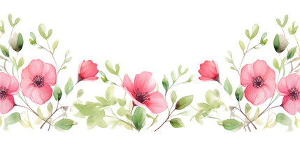 Elegant Green Leaves and Pink Flowers Border on White Background for Designs