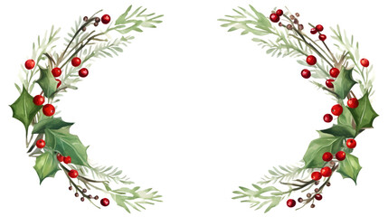 Naklejka premium Elegant Green Leaves and Red Berries Round Frame for Christmas Decorations