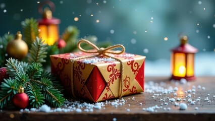 A Festive Gift Wrapped in Red and Gold with Twinkling Lights and Snow