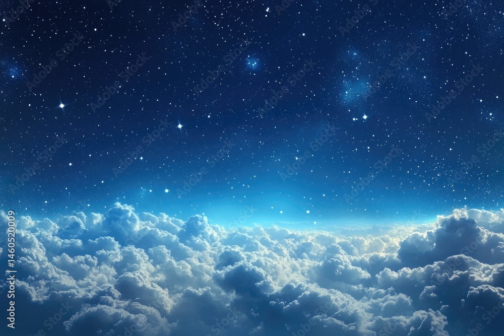 Poster a serene night sky illuminated by a crescent moon. surrounded by twinkling stars and soft. billowing