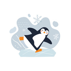 Obraz premium Penguin skating on ice with snowflakes winter scene vector illustration in playful style 