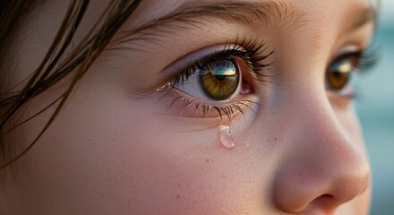 Close up of eye tear sad child girl crying eyes tearful face emotional expression sadness sorrow grief pain