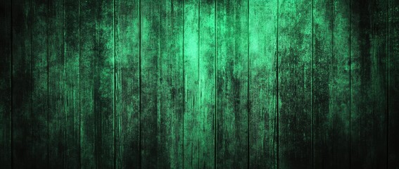 Fototapeta premium A textured green wooden wall displaying weathered planks with visible wear and tear. set in a dimly lit environment. suitable for backgrounds or artistic projects