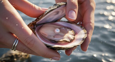 Pearl oyster shell ocean sea hands jewelry treasure luxury wealth discovery gift nature beauty elegance
