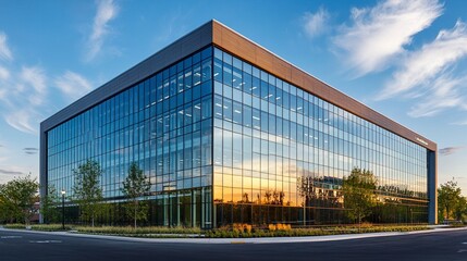 Corporate building featuring a sleek glass curtain wall, expansive and reflective, minimalist design capturing vibrant urban light.  