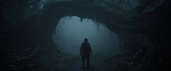 Obraz premium A figure walks alone through misty trees forming an arch, heading toward bright light
