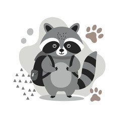 Naklejka premium Cute raccoon with backpack cartoon character illustration in grey and brown colors for kids and education design 
