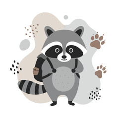 Naklejka premium Cute raccoon with backpack illustration in neutral colors standing with paw prints background vector design 