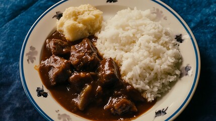 Hearty dinner featuring stew rice potatoes