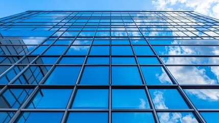 Corporate office tower with sleek modern facade, clear blue sky reflecting in its glass walls, perfect symbol of business environments.  