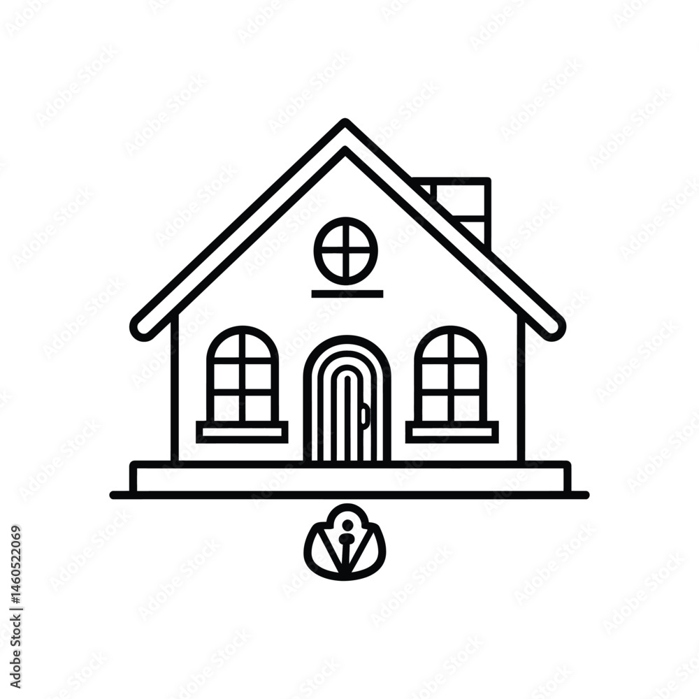 Poster house minimalist outline with arch windows on transparent background
