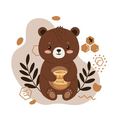 Cute brown bear holding honey jar with honeycomb and leaves vector illustration in soft beige tones 
