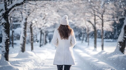 Woman in White Winter Coat: A woman in a stylish white winter coat, walking through a snow-covered park.
