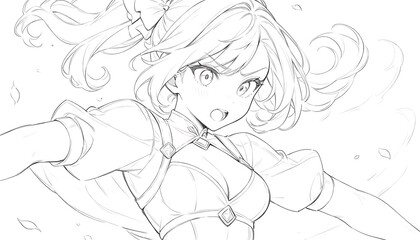 Dynamic anime character sketch with expressive features and detailed hair