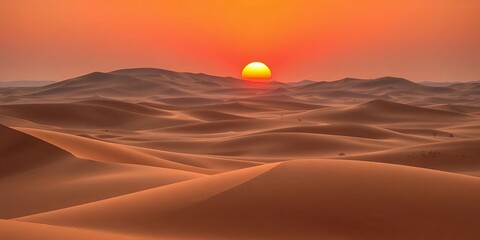 Crimson sun dips below rolling sand dunes, casting long shadows across the vast Qatari desert, day, desert landscape