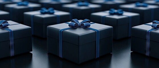 Rows of dark square gift boxes with blue ribbons and bows on a dark shiny surface