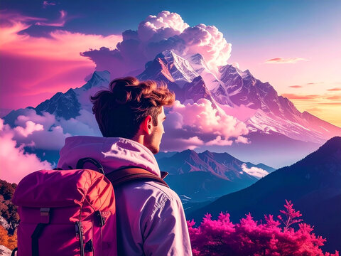 Minimalist Portrait of a Solo Traveler with Backpack Gazing at Majestic Mountains, Framed by Serene Negative Space - Powered by Adobe