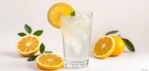 Fototapeta premium Crystal-clear glass of iced lemonade, lemon slices, white background, yellow, background