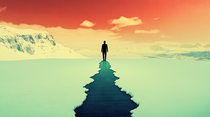 A figure stands at the edge of cracked ice, facing distant snow-capped mountains under a colorful sky