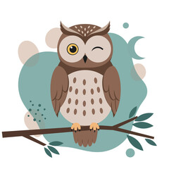 Brown owl winking perched on leafy branch vector illustration with abstract background natural wildlife bird design 
