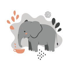 Fototapeta premium Cute baby elephant drinking from cup surrounded by abstract shapes vector illustration 