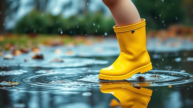 A child's yellow rain boot splashes in a puddle creating fun concentric ripples on a rainy autumn day.