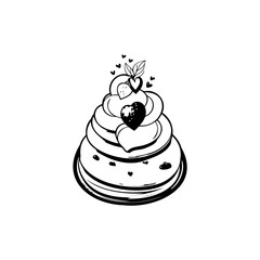 Whimsical cake illustration adorned with hearts and delicate leaf embellishments