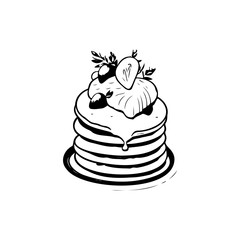 Elegant monochrome pancake stack illustration featuring fresh fruit and syrup