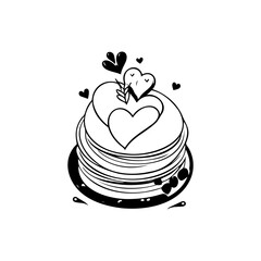 Whimsical pancake stack with heart shaped decorations black and white line art