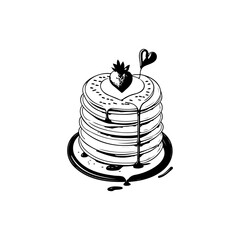 Elegant monochrome drawing showcasing a delicious pancake stack with strawberry