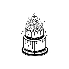 Elegant tiered cake with cream frosting and heart-shaped candle illustration
