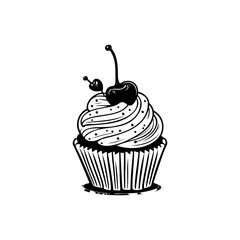 Stylized monochrome cupcake with cherry adornment creating artistic dessert icon