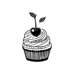 Minimalist cupcake illustration featuring a sweet cherry and decorative icing swirl