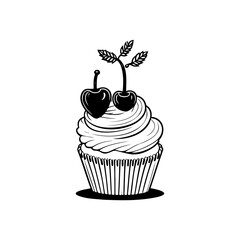 Charming Cupcake with Cherries: Delightful Black and White Minimalist Dessert Illustration