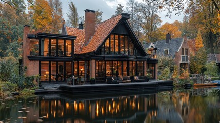 Obraz premium Modern house on a canal, autumn colors. Spacious, contemporary home with dark exterior and warm interior light reflected in the water. Fall foliage surrounds the property