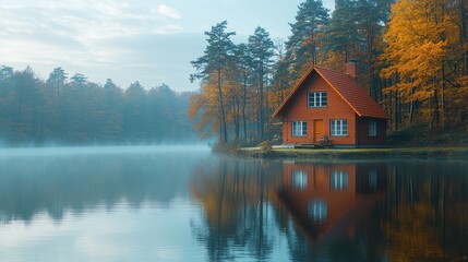 Fototapeta premium Cozy autumn cabin by a serene lake. 