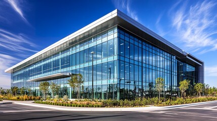 Obraz premium Expansive glass curtain wall on a contemporary office building, sharp architectural design reflecting the sky, bright daylight emphasizing clarity. 